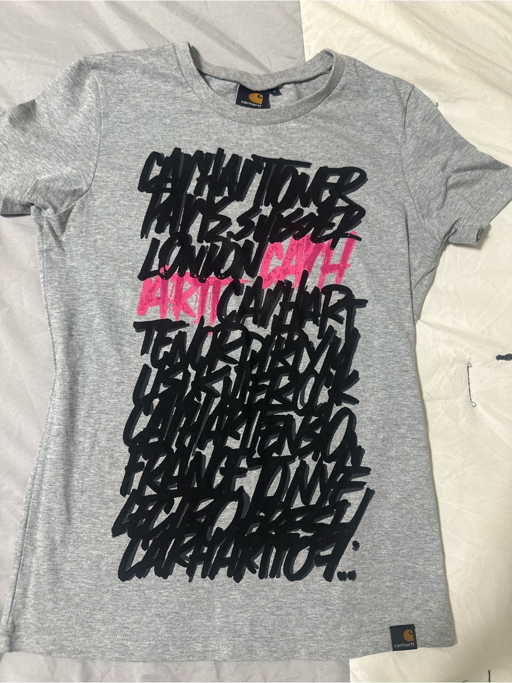 Carhartt Kids Gray Short-Sleeve Tee with Black and Pink Script
